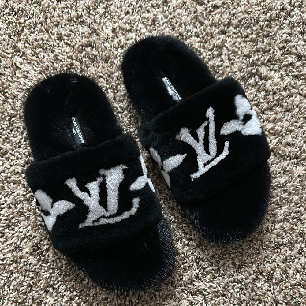 Louis Vuitton Monogram Black and White Mink Fur Slides